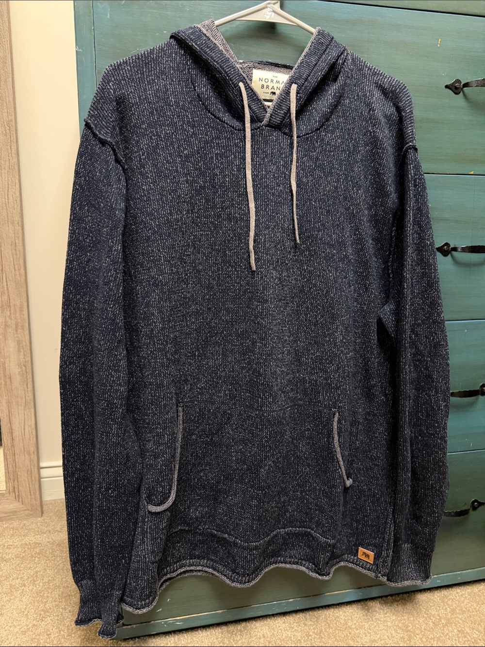 The Normal Brand Navy Knit Hoodie with Cream Drawcords